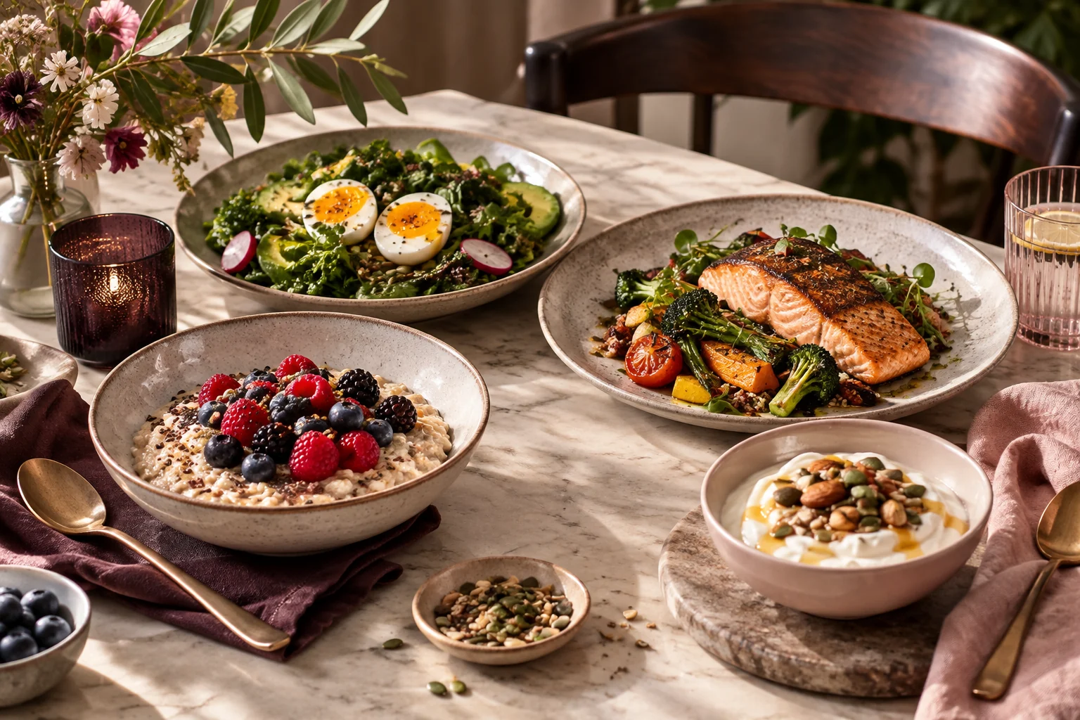 Colourful balanced bowl with salmon, avocado, greens, berries and seeds
