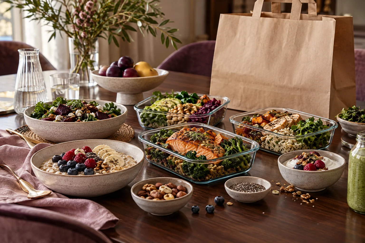 Prepared meals and delivery packaging on a kitchen counter